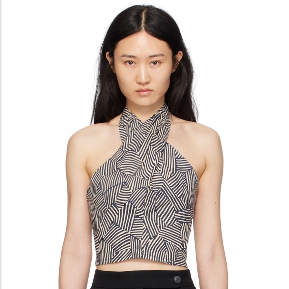 STAUD Kai Top - Navy Mosaic Striped Halter Neck Women's Top